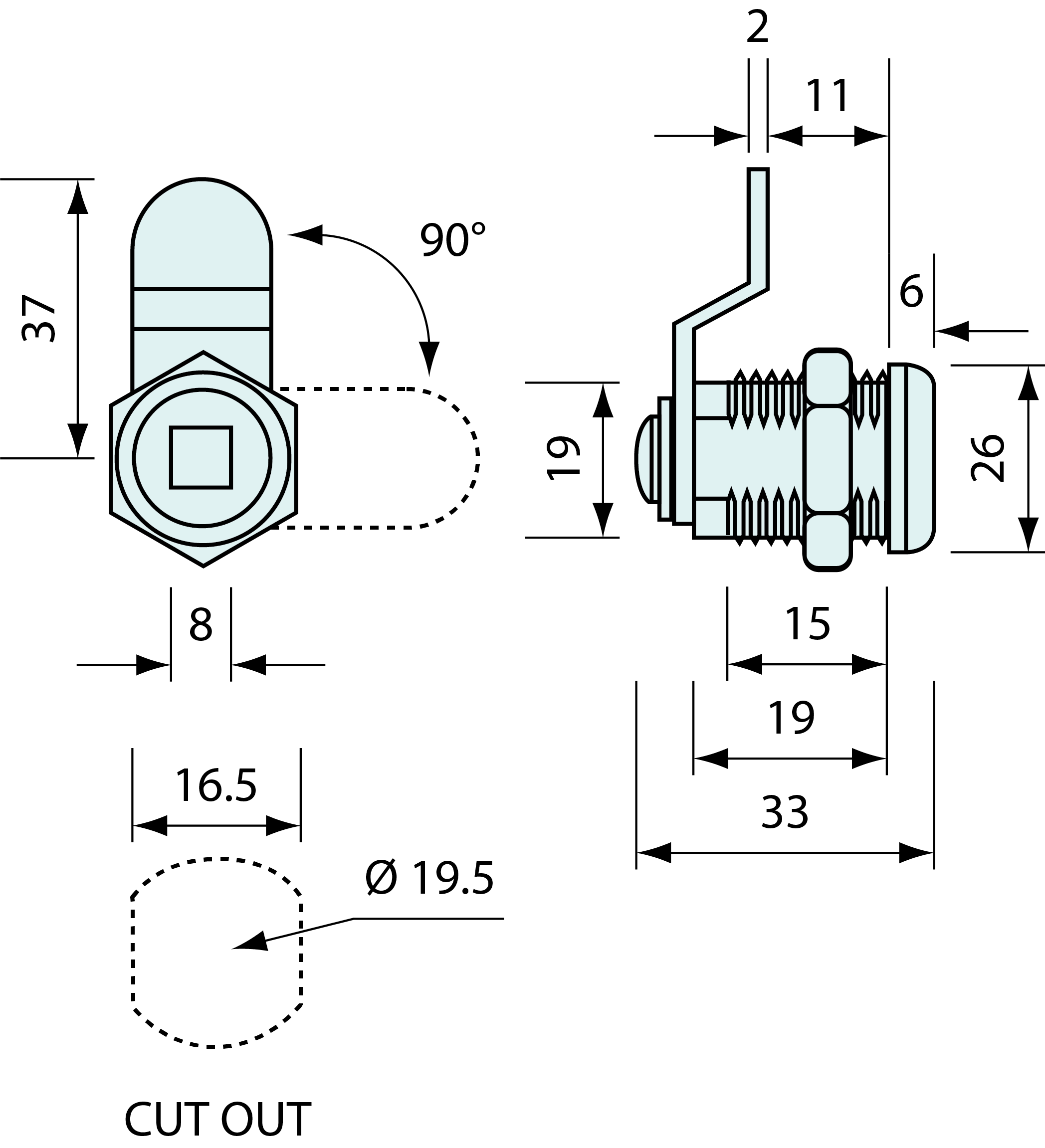 Square Drive Cam Lock Chrome 37mm